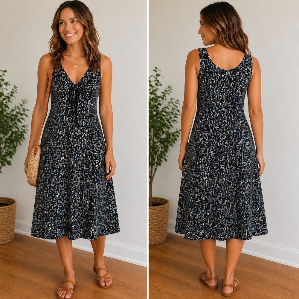 Black Sleeveless V-Neck Midi Dress Womens M Comfy Stretch Bamboo Dot Pattern